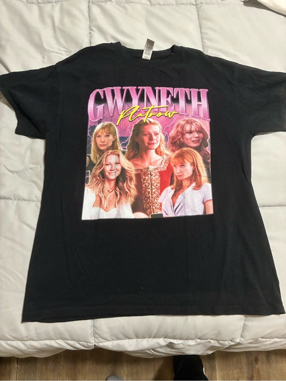 Gildan Black Graphic Short Sleeve Tee with Pink & Yellow Print